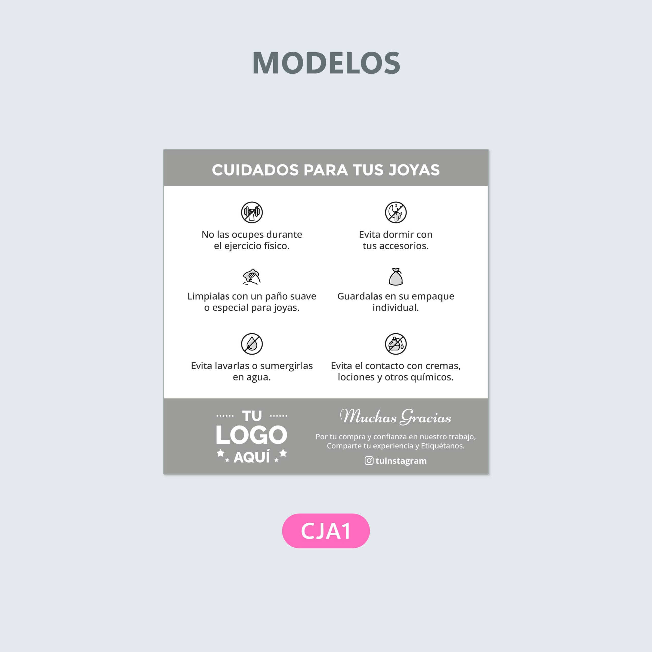 Tarjeta de cuidados para joyas 6x6cm