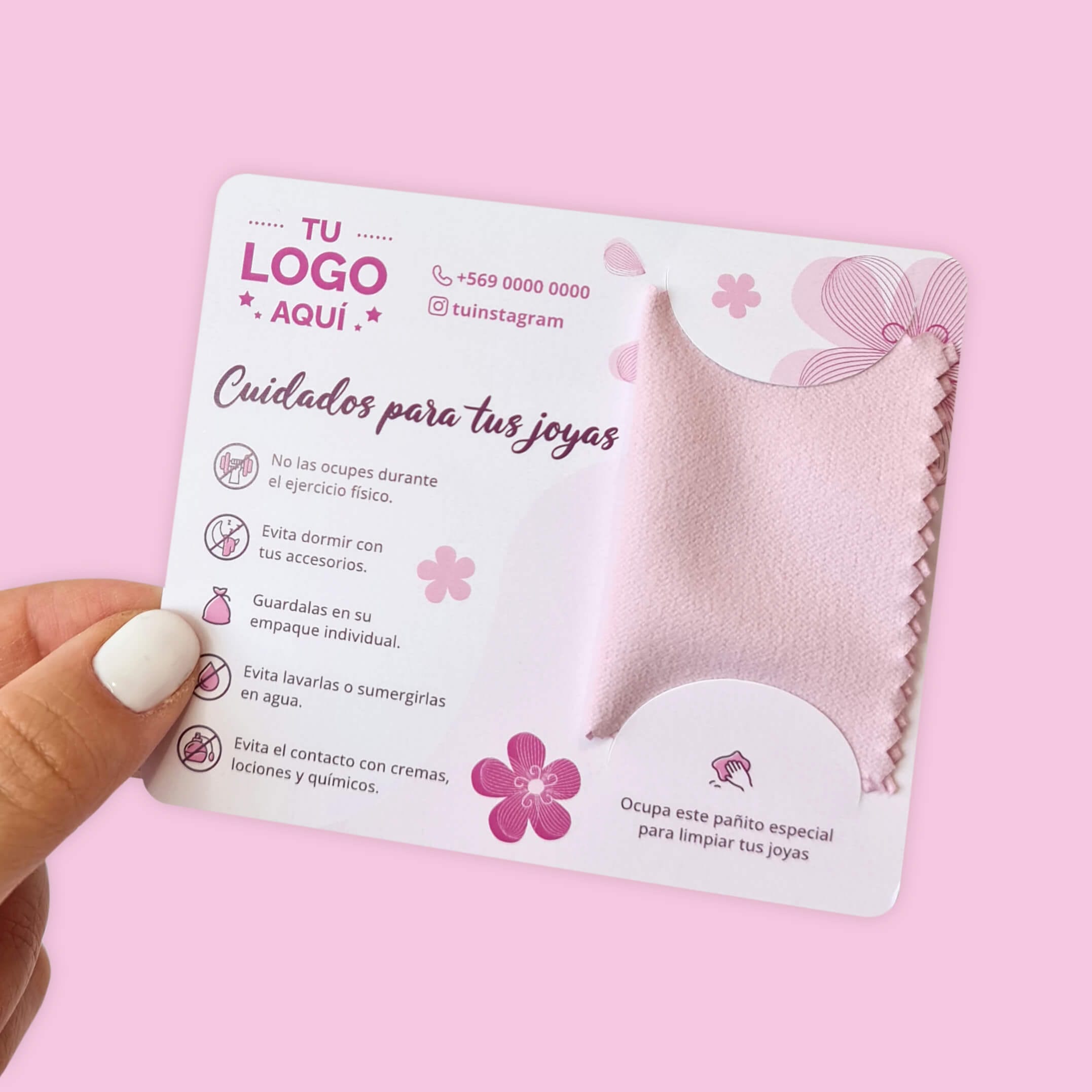 Tarjetas de cuidados para joyas 10×8,5cm, con pañito
