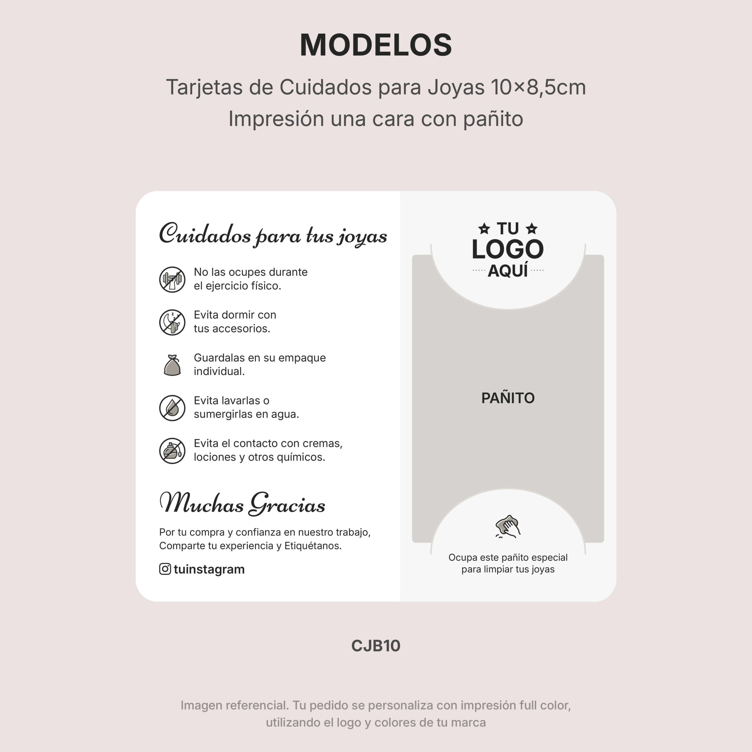 Tarjetas de cuidados para joyas 10×8,5cm, con pañito